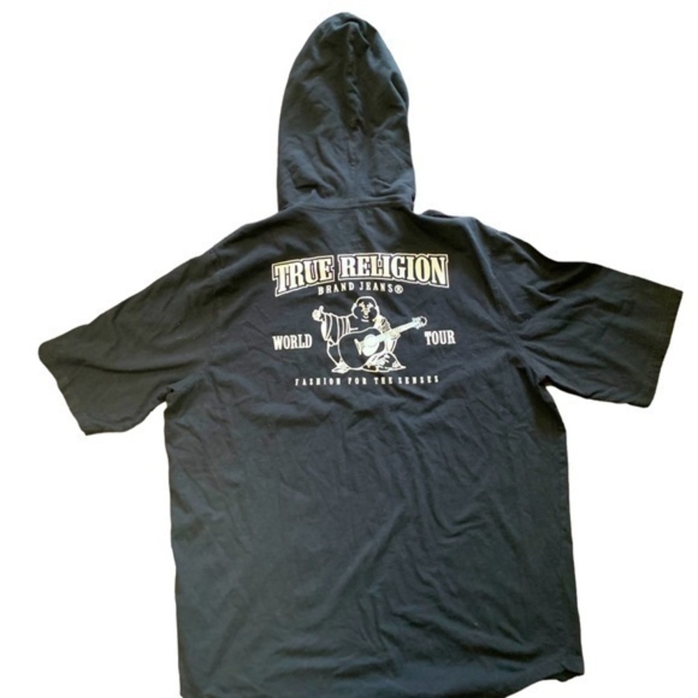 TRUE RELIGION BLK SHORT SLEEVE TOP WITH HOODIE SIZE XXL GREAT CONDITION!!!